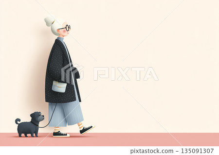 美優系列:老婦人牽著小狗散步 | 老年人外出保持健康的畫面 美優系列:老婦人牽著小狗散步 | 老年人外出保持健康的畫面 135091307