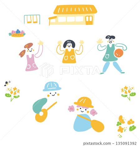 Spring kindergarten life and play! Illustration set of smiling nursery teachers and children. Perfect for kindergarten newsletters and enrollment applications. 135091392