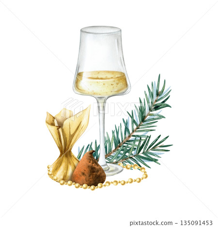 Glass of sparkling wine, bubbly with chocolate truffle candy, spruce brunch, golden beads. Watercolor champagne illustration with fir twig. Art isolated from background. Christmas festive composition Glass of sparkling wine, bubbly with chocolate truffle candy, spruce brunch, golden beads. Watercolor champagne illustration with fir twig. Art isolated from background. Christmas festive composition 135091453