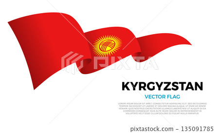 Flag of Kyrgyzstan. Kyrgyz and Asian Culture. Shining flag with realistic shadows waving in three layers. The elegant curves and realistic shading create a sense of motion 135091785