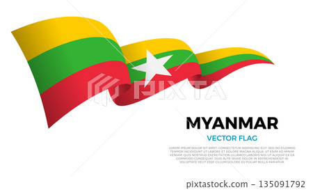 Flag of Myanmar. Burmese and Asian Culture. Shining flag with realistic shadows waving in three layers. The elegant curves and realistic shading create a sense of motion 135091792