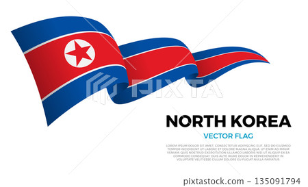 Flag of North Korea. North Korean and Asian Culture. Shining flag with realistic shadows waving in three layers. The elegant curves and realistic shading create a sense of motion Flag of North Korea. North Korean and Asian Culture. Shining flag with realistic shadows waving in three layers. The elegant curves and realistic shading create a sense of motion 135091794