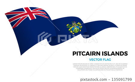 Flag of Pitcairn Islands. Pitkern and Polynesian Culture. Shining flag with realistic shadows waving in three layers. The elegant curves and realistic shading create a sense of motion Flag of Pitcairn Islands. Pitkern and Polynesian Culture. Shining flag with realistic shadows waving in three layers. The elegant curves and realistic shading create a sense of motion 135091799