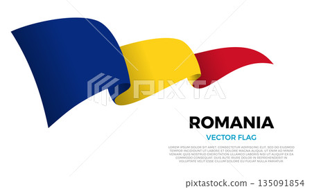 Flag of Romania. Romanian and East European Culture. Shining flag with realistic shadows waving in three layers. The elegant curves and realistic shading create a sense of motion 135091854
