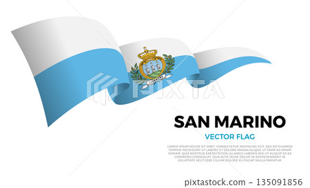 Flag of San Marino. Sammarinese and European and Mediterranean Culture. Shining flag with realistic shadows waving in three layers. The elegant curves and realistic shading create a sense of motion Flag of San Marino. Sammarinese and European and Mediterranean Culture. Shining flag with realistic shadows waving in three layers. The elegant curves and realistic shading create a sense of motion 135091856