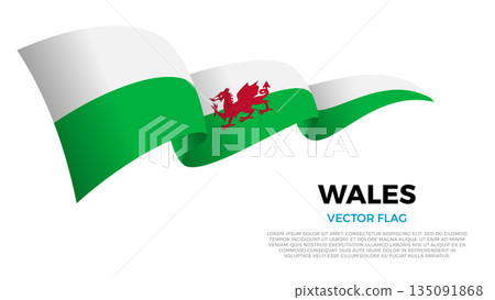 Flag of Wales. British and European Culture. Shining flag with realistic shadows waving in three layers. The elegant curves and realistic shading create a sense of motion 135091868