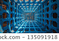 Blue Industrial Lattice Interior With Repeating Square Grid And Depth 135091918