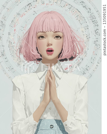 艾米系列：賽博女孩如祈禱般唱歌 | 音樂與情感表達的插畫 135091951