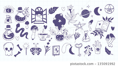 Magical Accessories Doodle Set. Isolated Magic witchcraft, fantasy, occult, whimsical Hand Drawing for Halloween, esoteric and scary Mystical design on Checkered Background. Vector illustration 135091992