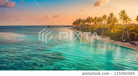 Gorgeous aerial tropical beach landscape with palm trees ocean bay calm shoreline summer sunset nature background serene turquoise water summer vacation travel tourism exotic tropical island wallpaper 135092084
