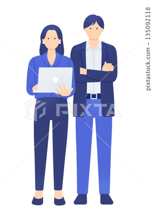 一位女士手持筆記型電腦,一位男士雙手交叉抱在胸前。這是IT工程師或顧問的典型形象。 一位女士手持筆記型電腦,一位男士雙手交叉抱在胸前。這是IT工程師或顧問的典型形象。 135092118