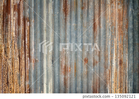 Old zinc wall texture background, rusty on galvanized metal panel sheeting. 135092121