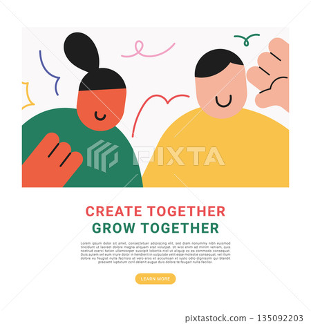 Flat modern illustration of two people collaborating and sharing ideas with hand gestures and abstract shapes, representing teamwork, collaboration, partnership, and business growth concept. 135092203