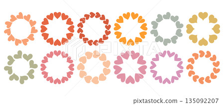 Simple circular frame set made of bold hearts shapes arranged in a clean, modern ring. Minimal and playful design perfect for Valentines Day, love themed graphics, cards, stickers, and invitations Simple circular frame set made of bold hearts shapes arranged in a clean, modern ring. Minimal and playful design perfect for Valentines Day, love themed graphics, cards, stickers, and invitations 135092207
