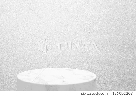 White Marble Product Display Stand on Concrete Wall Background. White Marble Product Display Stand on Concrete Wall Background. 135092208