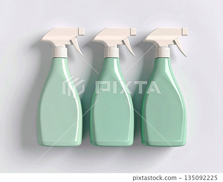 Product focused. Green sprays in a row on a white background. Disinfectant, glass cleaner, all-purpose surface cleaner. Mockup for branding cleaning product. Product focused. Green sprays in a row on a white background. Disinfectant, glass cleaner, all-purpose surface cleaner. Mockup for branding cleaning product. 135092225