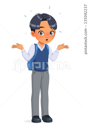 Confused Asian school boy shrugging shoulders. Cartoon vector illustration. Confused Asian school boy shrugging shoulders. Cartoon vector illustration. 135092237