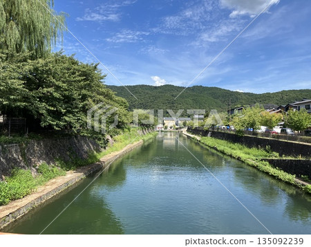 Summer blue sky and greenery reflected in the Yamashina Canal in Higashiyama 135092239