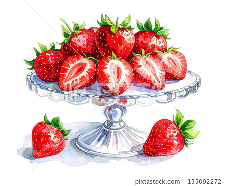 水彩插圖，描繪了擺放在玻璃架上的草莓 135092272