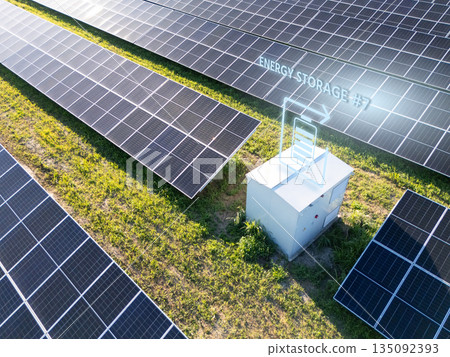 Aerial view of solar power station with energy storage 135092393