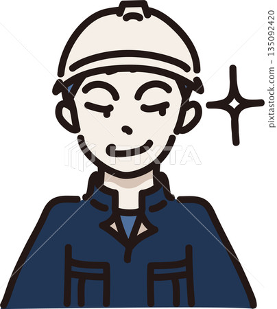 Illustration of a man wearing a helmet and work clothes with a scheming expression, navy blue uniform 135092420