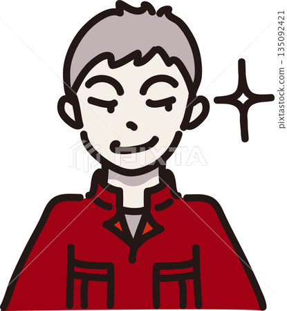 Illustration of a man wearing work clothes with a scheming expression - red uniform 135092421