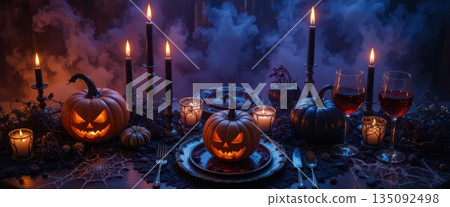 Elegant Halloween Dinner Table Setting with Pumpkins and Black Candles 135092498