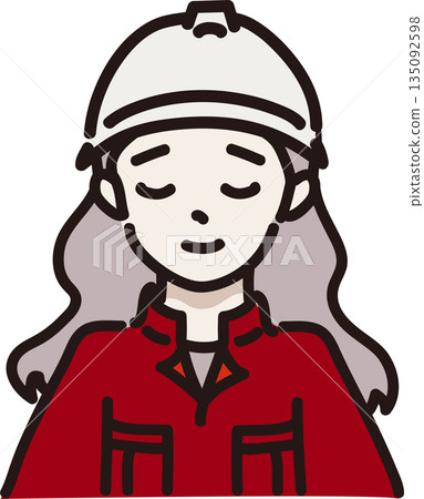 Illustration of a woman wearing a helmet and work clothes with a forgiving expression. Red uniform Illustration of a woman wearing a helmet and work clothes with a forgiving expression. Red uniform 135092598