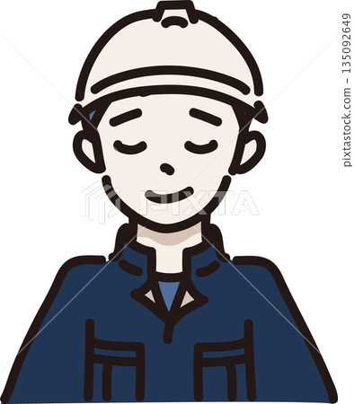Illustration of a man wearing a helmet and work clothes with a forgiving expression, navy blue uniform Illustration of a man wearing a helmet and work clothes with a forgiving expression, navy blue uniform 135092649