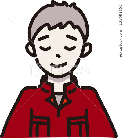 Illustration of a man wearing work clothes with a forgiving expression, red uniform Illustration of a man wearing work clothes with a forgiving expression, red uniform 135092650