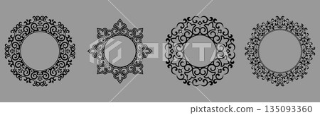 Set of decorative frames Elegant vector element for design in Eastern style, place for text. Floral black and gray borders. Lace illustration for invitations and greeting cards 135093360
