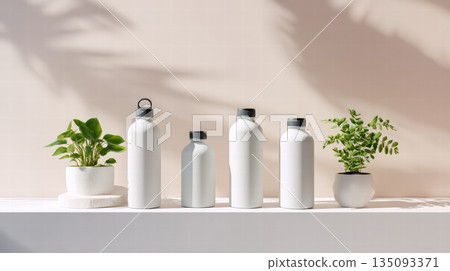 Minimal White Bottles With Green Plants On Shelf For Clean Beauty And Home Decor 135093371