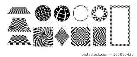 Set of chessboards planes, checkered figures and frames isolated on white background. Surfaces and forms with black and white checkerboard print. Vector graphic illustration 135093423