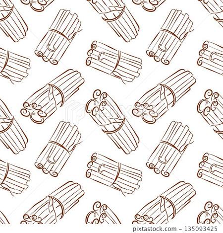 Seamless pattern of cinnamon stick tied in bundle on a white background in line art style. Design for bakery package or kitchen decor. 135093425