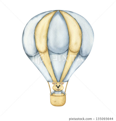 Kids Toy Teddy Bear on a Hot air Balloon. Watercolor kids illustration of a hot air Balloon in blue and beige colors and Cute Teddy Bear. Teddy Bear on a Hot air Balloon for kids goods, children room Kids Toy Teddy Bear on a Hot air Balloon. Watercolor kids illustration of a hot air Balloon in blue and beige colors and Cute Teddy Bear. Teddy Bear on a Hot air Balloon for kids goods, children room 135093644