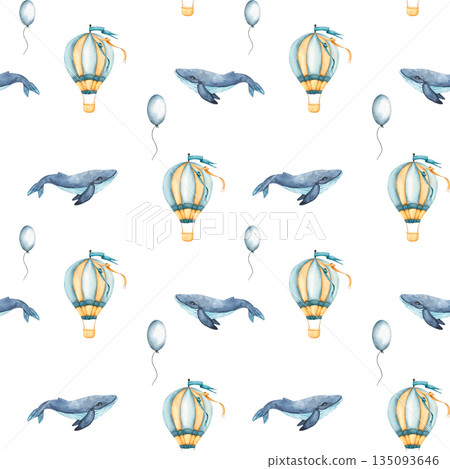 Seamless pattern with hot air balloons, balloons and whale. Childish wallpaper air balloons and Blue whale. Watercolor illustration of floating balloons for kids goods, kids wallpaper, wrapping paper Seamless pattern with hot air balloons, balloons and whale. Childish wallpaper air balloons and Blue whale. Watercolor illustration of floating balloons for kids goods, kids wallpaper, wrapping paper 135093646
