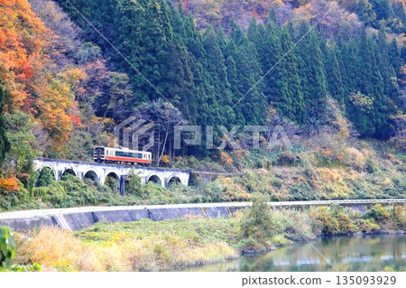 福島縣大沼郡金山町眼鏡橋和只見線的秋葉 135093929