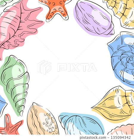 Colorful seashell and starfish arranged around the border on a white background in flat style. 135094342