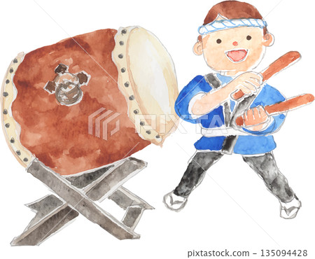 兒童演奏日本鼓的向量插圖 135094428