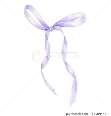 Lilac coquette satin bow watercolor illustration on isolated background. Hair braiding or gift purple tied ribbon with long tails. Accessory for flower bouquets, birthday cards, Valentine day. Lilac coquette satin bow watercolor illustration on isolated background. Hair braiding or gift purple tied ribbon with long tails. Accessory for flower bouquets, birthday cards, Valentine day. 135094519
