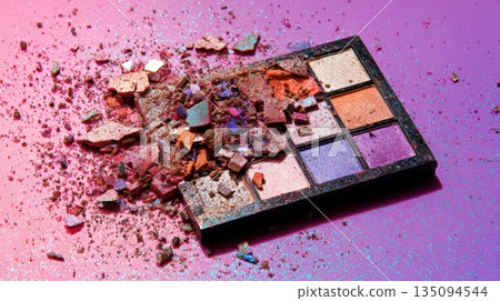 Vibrant Shattered Eyeshadow Palette With Colorful Fragments on Pink Gradient Background Vibrant Shattered Eyeshadow Palette With Colorful Fragments on Pink Gradient Background 135094544