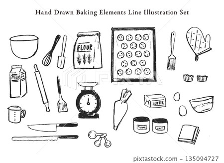 手繪線條畫插圖，描繪了製作糖果所需的各種原料——全部完成 135094727
