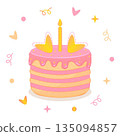 Festive cake with hearts, candle and confetti. Pink and yellow baked dessert with cream. Cute colorful vector illustration for Valentine's Day 135094857