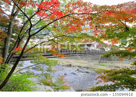 The Red Suspension Bridge in Shiobara Onsen, Nasushiobara City, Tochigi Prefecture The Red Suspension Bridge in Shiobara Onsen, Nasushiobara City, Tochigi Prefecture 135094918