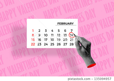 Halftone collage of a hand marking February 14th on the calendar. Valentine's Day concept. Halftone collage of a hand marking February 14th on the calendar. Valentine's Day concept. 135094957