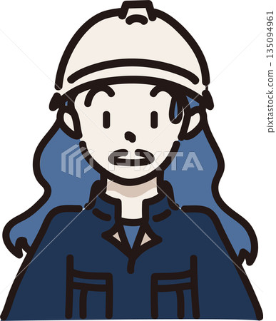 Illustration of a surprised woman wearing a helmet and work clothes, navy blue uniform Illustration of a surprised woman wearing a helmet and work clothes, navy blue uniform 135094961