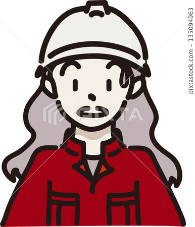Illustration of a surprised woman wearing a helmet and work clothes, red uniform 135094963