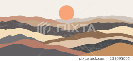 Abstract mountain landscape hand drawn vector background with sunset and brown hills for valentine wedding invitation card boho nature wall art illustration Abstract mountain landscape hand drawn vector background with sunset and brown hills for valentine wedding invitation card boho nature wall art illustration 135095005