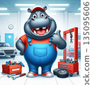 Funny and cheerful hippopotamus auto mechanic 135095606