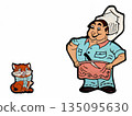 Cheerful cook and chubby cat 135095630